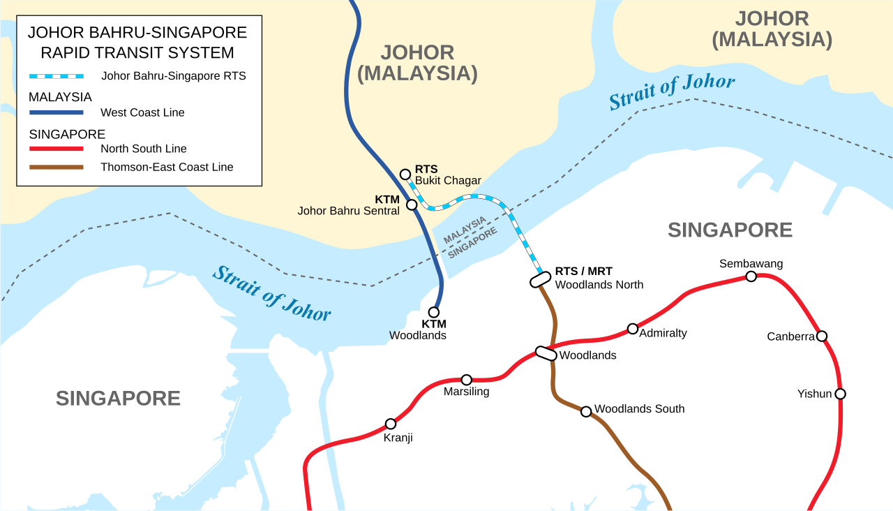 Map of the RTS Link route between Woodlands North in Singapore and Bukit Chagar in Johor Bahru